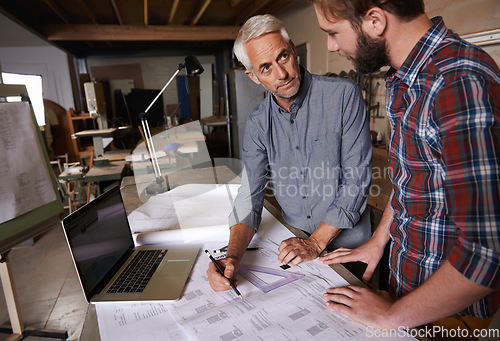 Image of Architect men, teamwork and planning blueprint with discussion, construction goal or vision in workshop. Senior man, young male partner and paperwork for building, property or real estate development