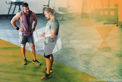 Image of Men, friends and talking about fitness at gym with tips for health and wellness. Athlete people or team together at club for training workout, strong muscle or exercise motivation with mockup overlay