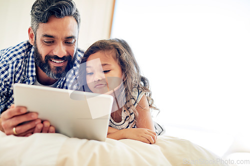 Image of Father, child and tablet in family home for online games, reading ebook story or educational subscription on mockup. Dad, girl kid and connection on digital technology, web streaming or cartoon media