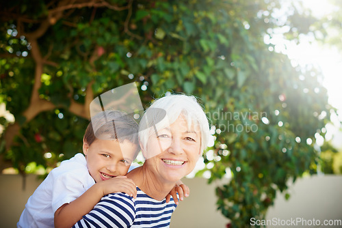 Image of Portrait, grandmother and piggyback child in garden or bonding, together or quality time in backyard or fun on summer vacation. Family, senior woman or happy retirement with love, kid and hug or game