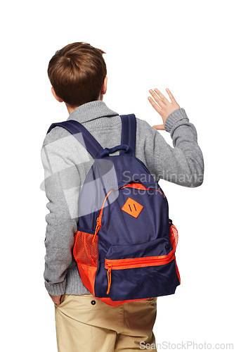Image of Back, school and a boy with a wave for greeting isolated on a white background in a studio. Education, youth and a student waving for hello or goodbye with a backpack for learning on a backdrop