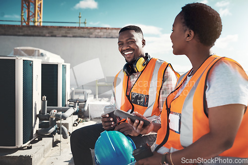 Image of Portrait, engineer team and people on coffee break at construction site. Smile, architects and black man and woman relax with tea, talk and conversation after building project, working or engineering