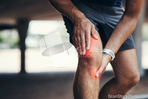 Image of Knee pain, workout and injury by athlete after fitness, running and outdoor exercise with an emergency. Closeup, hurt and male person or man with training accident or discomfort on his leg