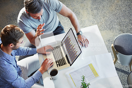 Image of Laptop statistics, communication and business people teamwork on data analysis, accounting or research. Bar graph, cooperation and top view of collaboration team working on chart analytics review