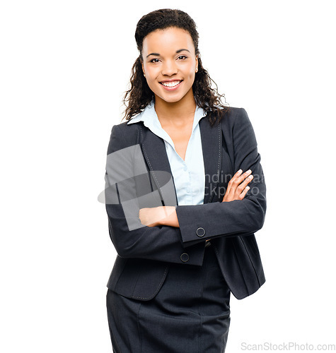 Image of Corporate employee, portrait or arms crossed on isolated white background in future ideas, vision goals or success mindset. Smile, happy or confident business woman in suit or financial growth target
