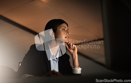 Image of Thinking, night work and problem solving, woman in office reading email or online report idea at start up agency. Corporate overtime, challenge and focus, businesswoman at desk working late on ideas.