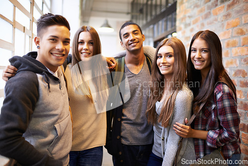 Image of University, friends and portrait of people on campus ready to study, friendship and learning together. Education, scholarship and happy men and women students smile for school, academy and college