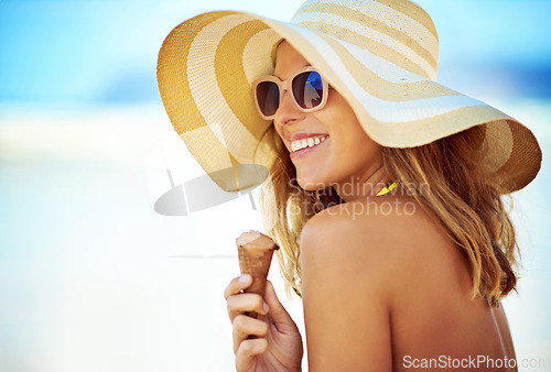 Image of Sunglasses, ice cream and woman at beach on vacation, holiday and summer travel mockup. Happiness, chocolate gelato and female person eating by ocean shore, thinking or tourist enjoying snack outdoor