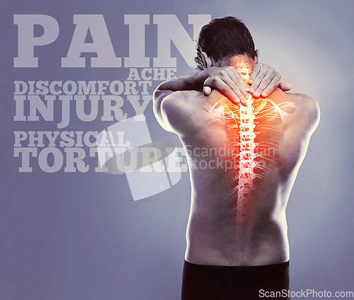 Image of Man, back pain and red glow in studio with spine, injury and stress at workout, exercise or training. Guy, model and banner with text for emergency, accident and skeleton overlay by gray background