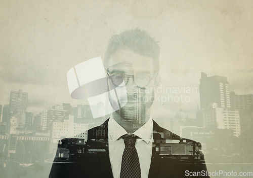Image of Business man, urban portrait and double exposure with professional, cbd skyline and focus in suit. Young businessman, face or employee with overlay in urban metro with skyscraper, smile and vision