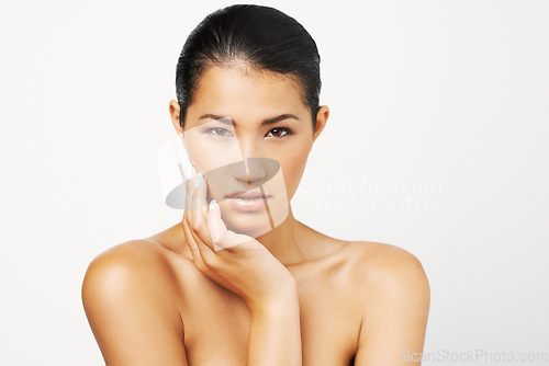 Image of Beauty care, woman and portrait with skincare and dermatology with mockup. Isolated, white background and young Asian female person with face makeup and skin glow from cosmetics and treatment