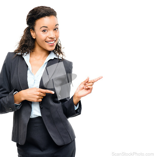 Image of Business woman, portrait or pointing hands at promotion mockup, deal advertising space or marketing product placement. Smile, happy or corporate worker and showing finger on isolated white background