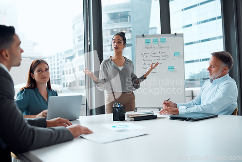 Image of Black woman, leader talking and group discussion for business meeting, analytics collaboration and marketing management. Business people, african female and growth leadership presentation in office