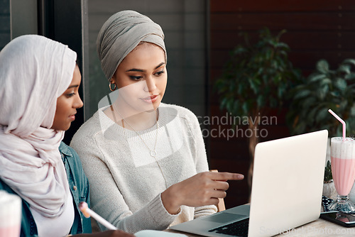 Image of Laptop, restaurant and muslim women talking, planning and online education for remote e learning, studying and teamwork. Islamic people, friends or students in Saudi Arabia check computer at a cafe