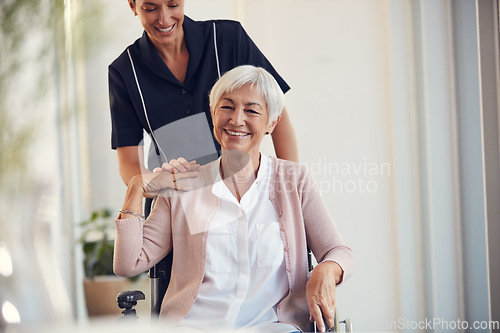 Image of Trust, wheelchair and elderly woman with caregiver in retirement home for wellness and healthcare. Medical, happy and portrait of senior female person with disability bonding with professional nurse.