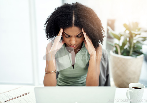 Image of Stress, frustrated or black woman in office with headache pain from job pressure or burnout fatigue in company. Bad migraine problem, business or tired girl employee depressed by deadline anxiety