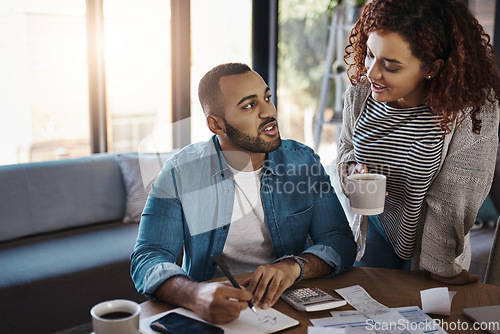 Image of Couple with list for budget, finance and bills with paperwork of financial debt, talking about savings and income. Mortgage, insurance and taxes, African man and woman at table with home bookkeeping