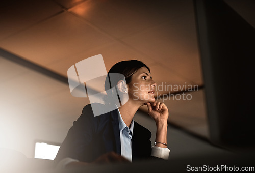 Image of Thinking, ideas and problem solving at night, woman in office reading email or online report at start up agency. Corporate overtime, challenge and focus, businesswoman at desk working late on idea.