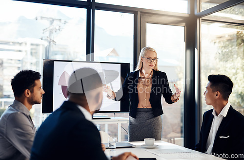 Image of Presentation, workshop and finance with a business woman talking to her team in the office boardroom. Training, meeting and education with a female coach teaching staff using a graph display at work