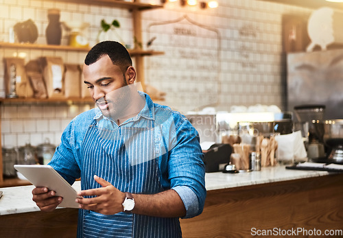 Image of Search, tablet and manager with man in cafe for online, entrepreneurship and startup. Waiter, technology and food industry with small business owner in restaurant for barista, network and coffee shop