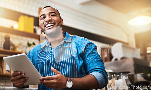 Image of Laugh, tablet and waiter with man in cafe for online, entrepreneurship and startup. Retail, technology and food industry with small business owner in restaurant for barista, store and coffee shop