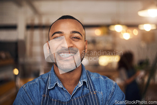 Image of Coffee shop, happy waiter and portrait of black man in restaurant for service, working and smile in cafe. Small business owner, bistro startup and face of male waiter in cafeteria ready to serve