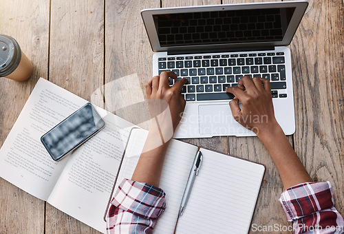 Image of Woman, hands and laptop of student on mockup above for studying, education or research at cafe. Top view of female person hand working on computer for college or university project at coffee shop