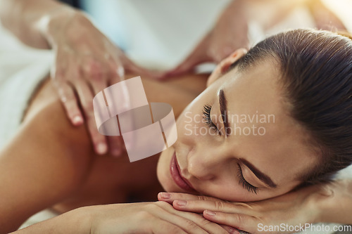 Image of Relax, detox and massage with woman in spa for wellness, luxury and cosmetics treatment. Skincare, peace and zen with female customer and hands of therapist for physical therapy, salon and beauty