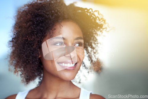 Image of Skincare, smile and woman looking in bathroom mirror after shower, grooming and cleaning routine in her home. Happy, beauty and confident lady satisfied with reflection, treatment or cosmetic result