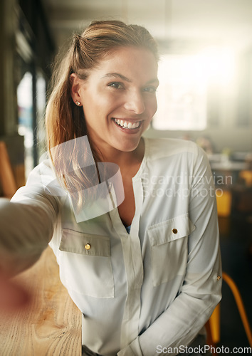 Image of Selfie, smile and woman in a coffee shop, relax and cheerful with confidence, happiness and joyful. Portrait, female person and happy lady with social media, cafe and restaurant with beauty and break