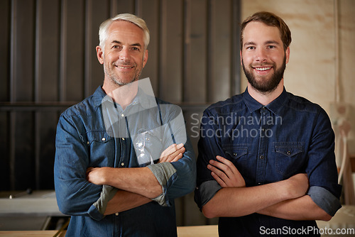 Image of Teamwork, happy portrait and arms crossed of architecture team with a smile from startup. Entrepreneur, partnership and architect workers together with pride and success from small business