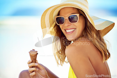 Image of Sunglasses, ice cream and portrait of woman at beach on vacation, holiday travel and summer hat. Happy, chocolate gelato and female person eating by ocean shore, smile and tourist enjoying snack.