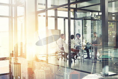 Image of Business people, meeting and overlay with city, planning and urban development in the workplace. Staff, group or coworkers brainstorming, sunshine and share ideas with buildings, teamwork and growth