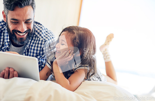 Image of Love, man with daughter with tablet and happy in bedroom of their home. Family or bonding time, technology or communication and male parent with daughter smiling or laughing with entertainment