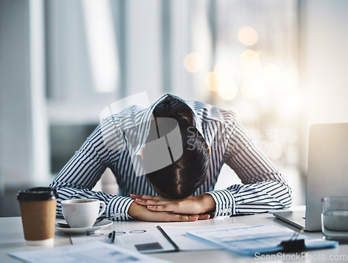 Image of Sleeping, tired and business woman at desk for headache, overworked and stress in office. Exhausted, burnout and mental health with female employee resting for fatigue, dreaming and frustrated