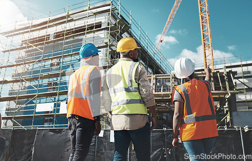 Image of Construction, engineer team and building project with people planning development and architecture. Black woman and men together for project management, engineering and assessment outdoor in city