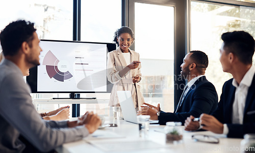 Image of Presentation, meeting and finance with a business woman talking to her team in the office boardroom. Training, workshop and education with a female coach teaching staff using a graph display at work