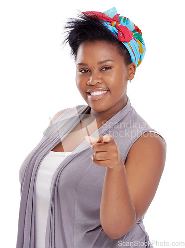 Image of Hey you, black woman and pointing portrait in a studio with happiness and confidence. White background, African female person and model with positive and emoji hand with choice and accountability