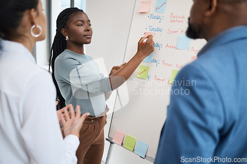 Image of Black woman, startup schedule and whiteboard writing for company planning with strategy. African female employee, meeting and collaboration report of staff working with teamwork and workshop idea