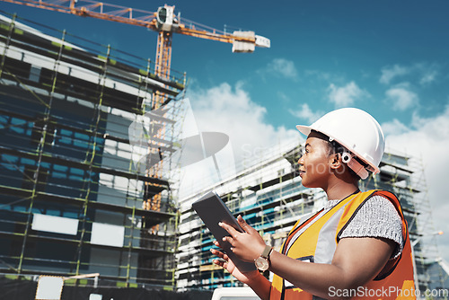 Image of Engineer woman, construction and tablet outdoor for building development and architecture. Black female contractor with planning app for project management, engineering and safety inspection in city