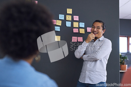 Image of Meeting, brainstorming and planning with team, man speaker, sticky note and leadership in presentation. Collaboration, people in strategy workshop at startup, ideas with presenter and audience