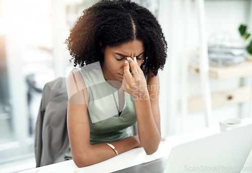 Image of Stress, anxiety or black woman in company with headache pain from job pressure or burnout fatigue in office. Bad migraine problem, business or tired girl employee depressed or frustrated by deadline