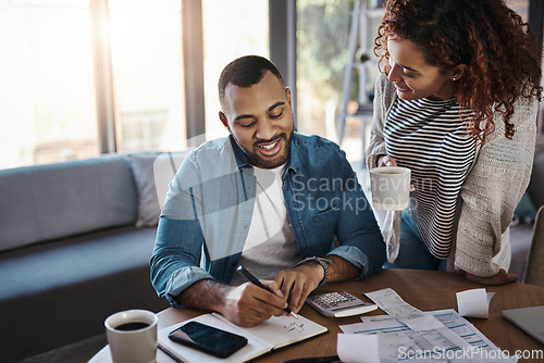 Image of Couple with list in notebook, budget and finance with financial information of bills and talking about savings and income. Mortgage, insurance and debt, man and woman at table with home bookkeeping