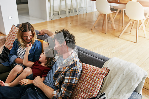 Image of Happy family, parents and playing with child on sofa in living room for love, quality time and relax together at home. Mother, father and boy kid in lounge for support, care and bonding for happiness