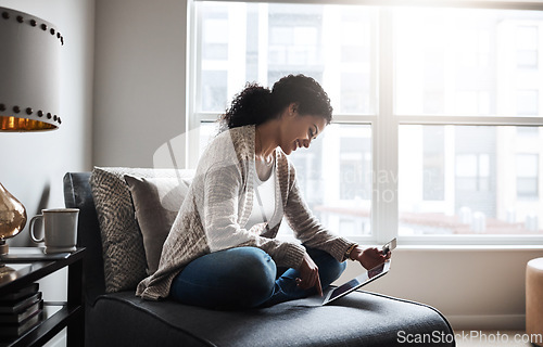 Image of Girl, tablet and credit card and ecommerce on couch or online shopping, home and paying for product, retail and internet store. Black woman, banking and money for service, digital payment or goods