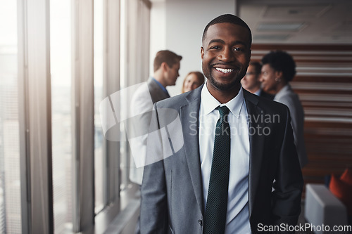 Image of Corporate black man in business, smile and portrait in leadership, professional and lawyer in meeting. Attorney in conference room, happy and male person with collaboration in company and management