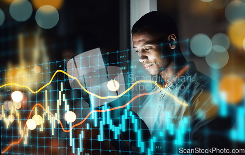 Image of Businessman, tablet and dashboard at night of stock market, trading or graph and chart data at office. Man trader or broker working late on technology checking digital trends, analytics or statistics