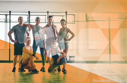 Image of Fitness, group of people and portrait at gym for exercise, workout and training goals. Athlete men and women team happy together for challenge, motivation or strong muscle at club with mockup overlay