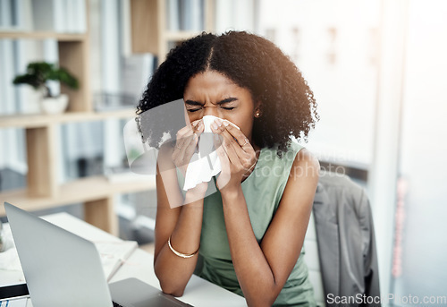 Image of Blowing nose, tissue or sick black woman in office with virus or worker with allergies, problems or illness. Person sneezing or African girl employee with toilet paper, allergy flu or fever disease