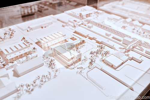 Image of Office, plan and model with architecture for remodeling project of design with buildings and construction. Blueprint, workplace and real estate idea for company with strategy to start up company.